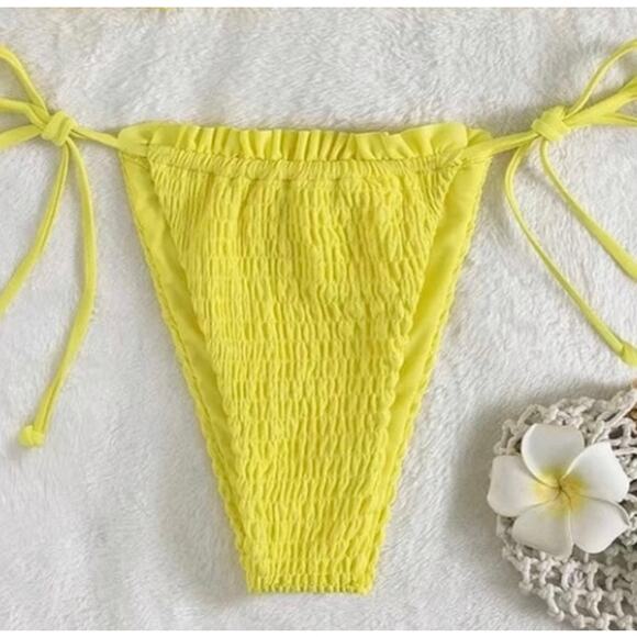 Yellow Lettuce Trim Strapless Bandeau String Bikini Size SMALL - Picture 4 of 6